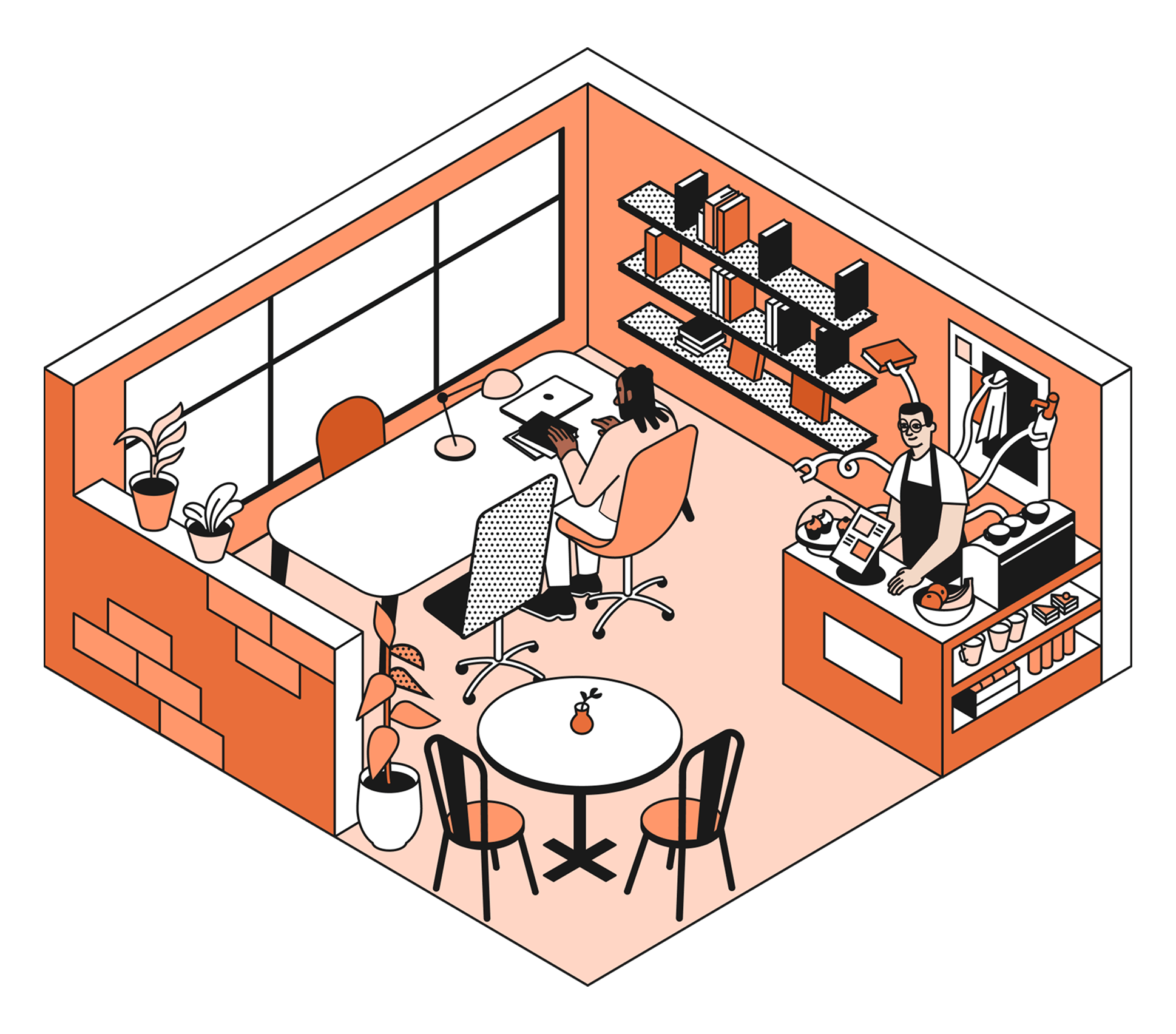 Representacion artistica del interior de una cafeteria.